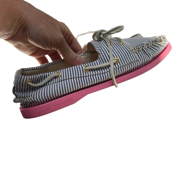 j. crew Sperry Topsider blue white engineer stripe non marking pink soles shoes - Picture 4 of 8